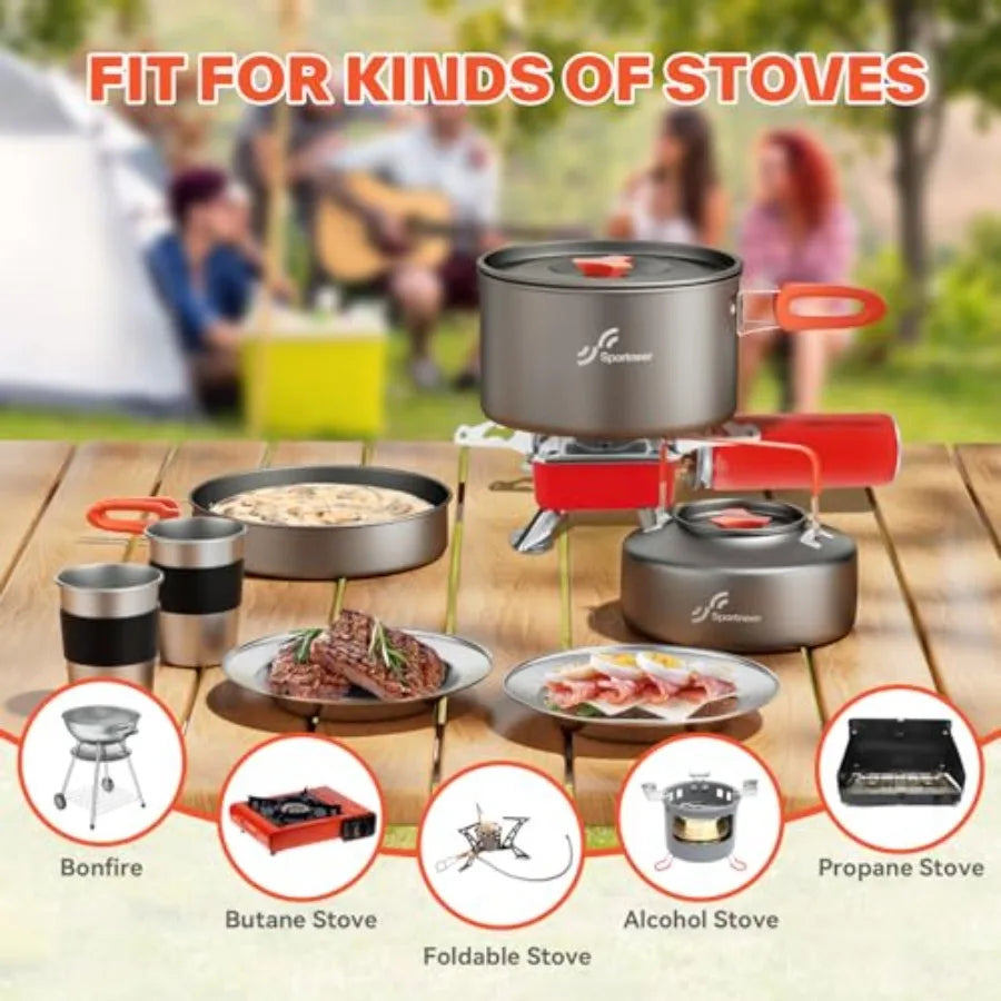 Camping Cookware Set, 18Pcs Non-Stick Lightweight Pots, Pan, with utensils