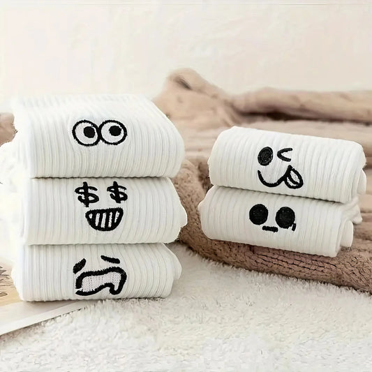 5 Pairs of Breathable and Comfortable Emoji Socks, Soft and Cute, Suitable for Daily Wear, Sports and Fitness