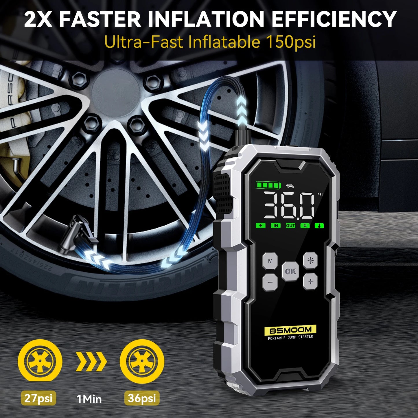 Car Jump Starter with Air Compressor Battery Booster 12V Power Bank with LED Flashlight, Smart Cable
