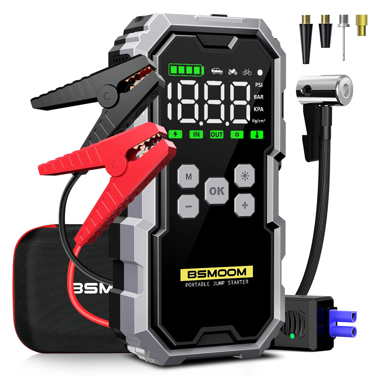Car Jump Starter with Air Compressor Battery Booster 12V Power Bank with LED Flashlight, Smart Cable