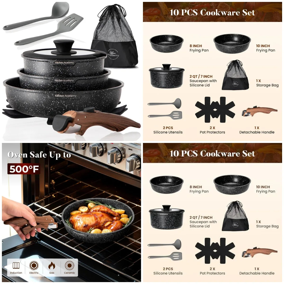 Removable Handle Induction Pots and Pans Set -10 piece