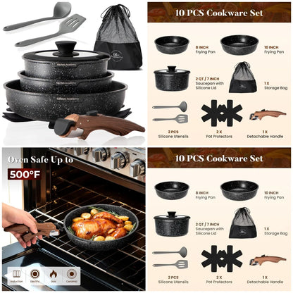 Removable Handle Induction Pots and Pans Set -10 piece