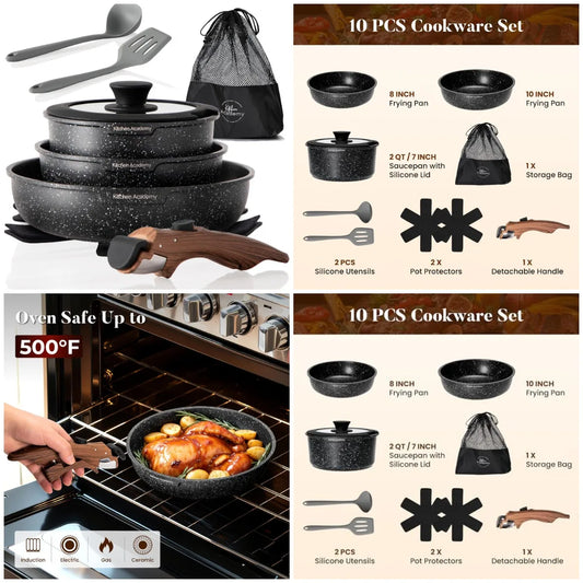 Removable Handle Induction Pots and Pans Set -10 piece
