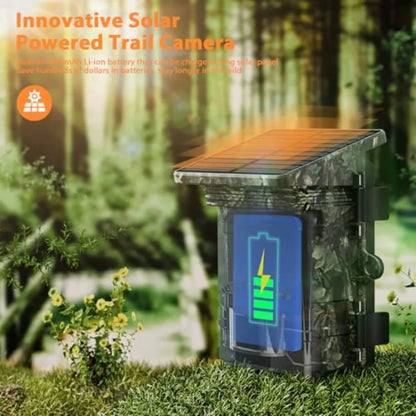 Outdoor wildlife trail camera with 4K/85MP resolution, solar-powered WiFi/Bluetooth connectivity