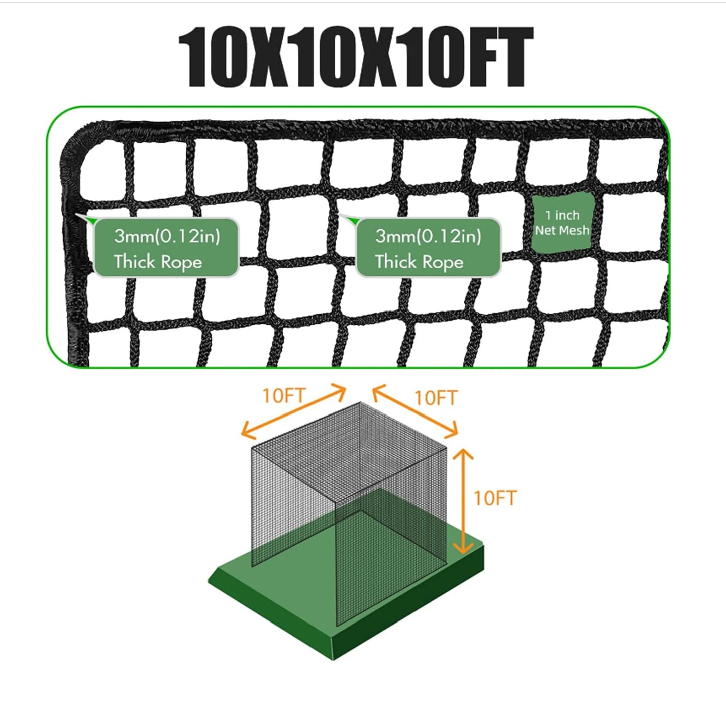 Golf Cage Net Foldable Ball Netting 10X10X10Ft