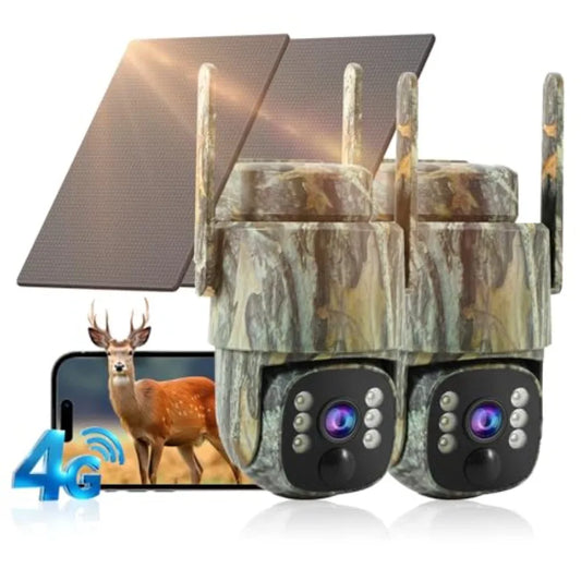 4G LTE cellular trail camera 2 pack , solar-powered ABS plastic body, black, 2K live streaming with 360