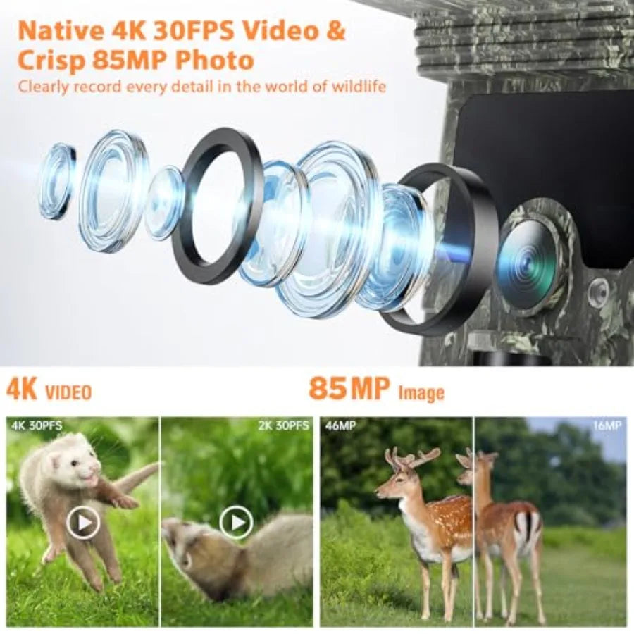 Outdoor wildlife trail camera with 4K/85MP resolution, solar-powered WiFi/Bluetooth connectivity