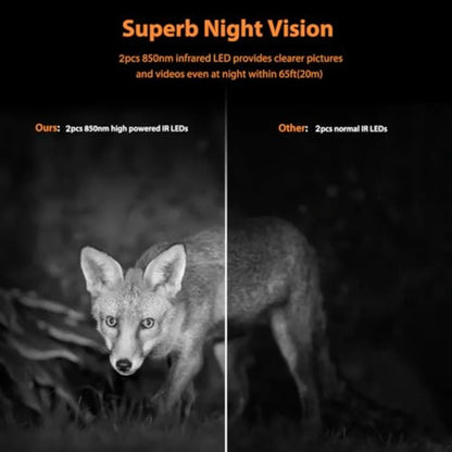 Outdoor wildlife trail camera with 4K/85MP resolution, solar-powered WiFi/Bluetooth connectivity