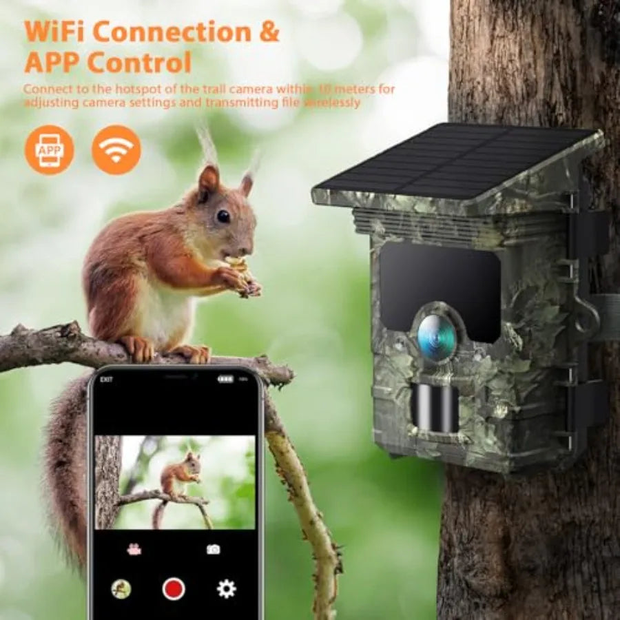 Outdoor wildlife trail camera with 4K/85MP resolution, solar-powered WiFi/Bluetooth connectivity