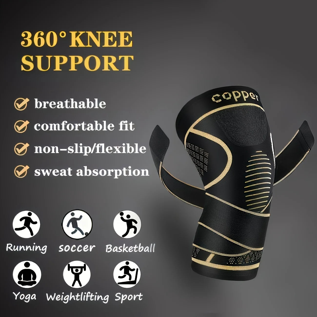 Copper Knee Sleeves With Two Straps For Sports, For Men And Women, For Running, Climbing Mountains, Fitness And Basketball