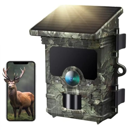 Outdoor wildlife trail camera with 4K/85MP resolution, solar-powered WiFi/Bluetooth connectivity