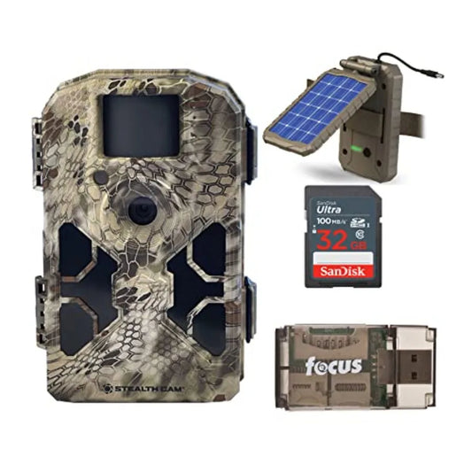 Trail camera bundle  32MP no-glow infrared, Kryptek camouflage finish, solar power panel