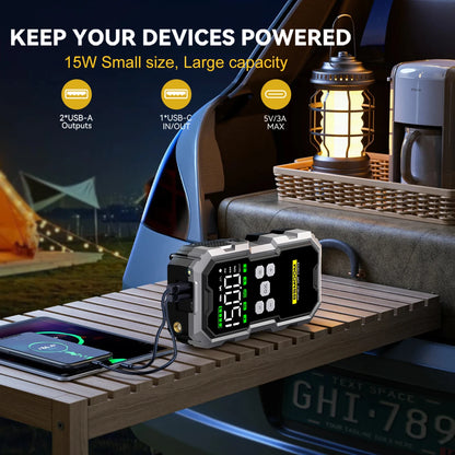 Car Jump Starter with Air Compressor Battery Booster 12V Power Bank with LED Flashlight, Smart Cable