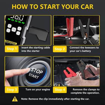 Car Jump Starter with Air Compressor Battery Booster 12V Power Bank with LED Flashlight, Smart Cable