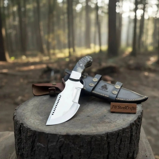 Handmade Carbon Steel Tracker Knife Ram Horn or Wendi Wood Handle